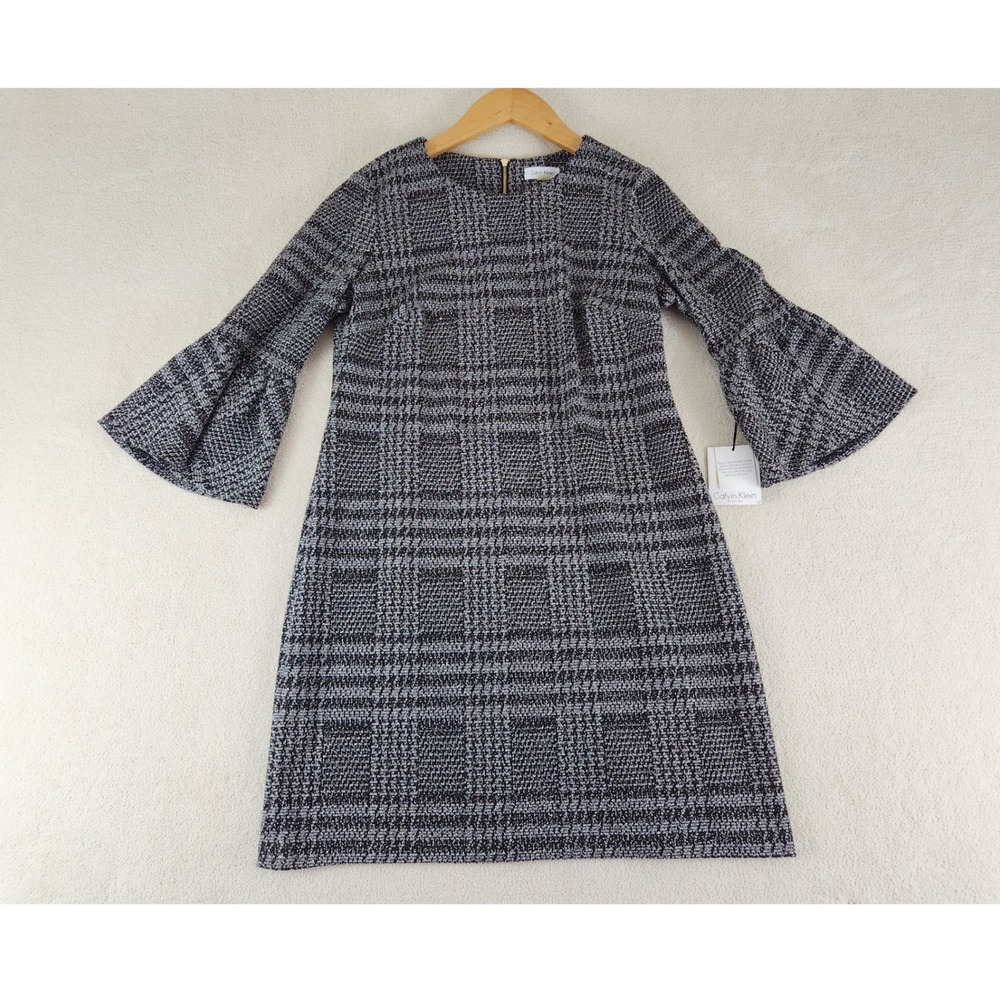 NWT Calvin Klein Career Pencil Dress Black/White Size 12 Knee Length Bell Sleeve